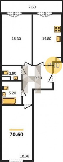 Двухкомнатная квартира 70.6 м²