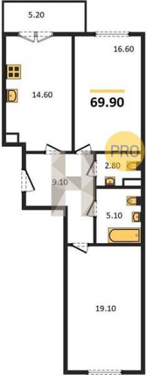 Двухкомнатная квартира 69.9 м²