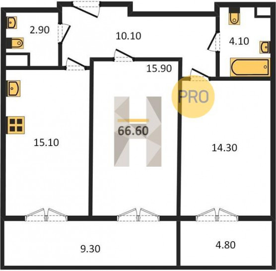 Двухкомнатная квартира 66.6 м²