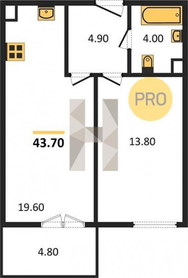 Однокомнатная квартира 43.7 м²