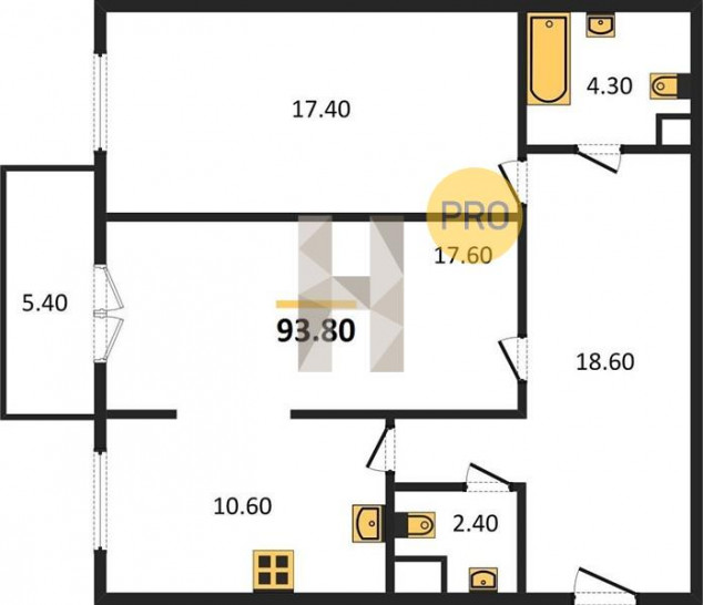 Двухкомнатная квартира 93.8 м²