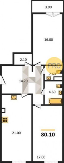 Двухкомнатная квартира 80.1 м²