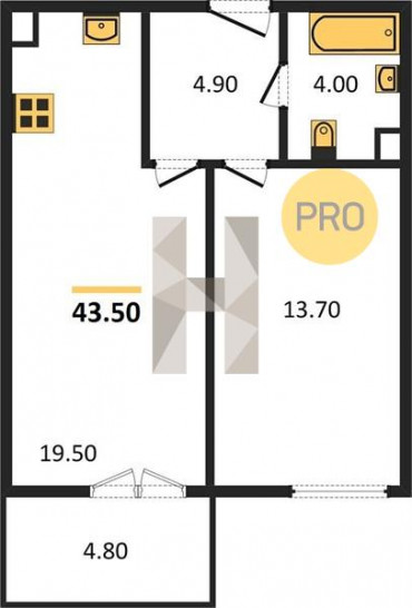 Однокомнатная квартира 43.5 м²