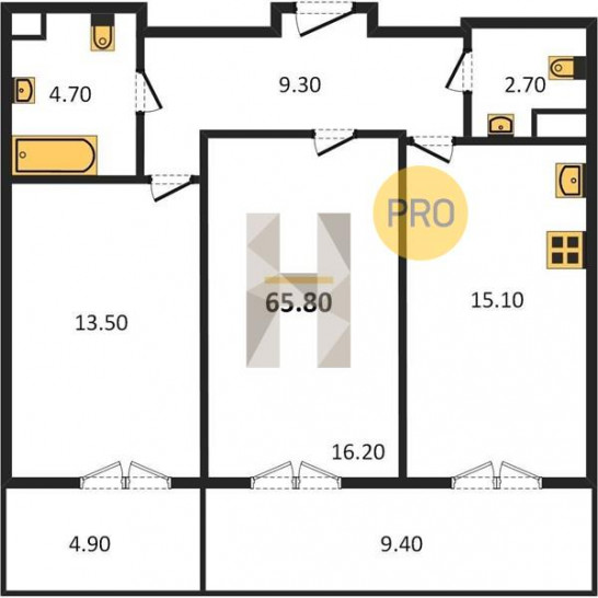 Двухкомнатная квартира 65.8 м²
