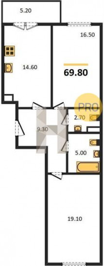 Двухкомнатная квартира 69.8 м²